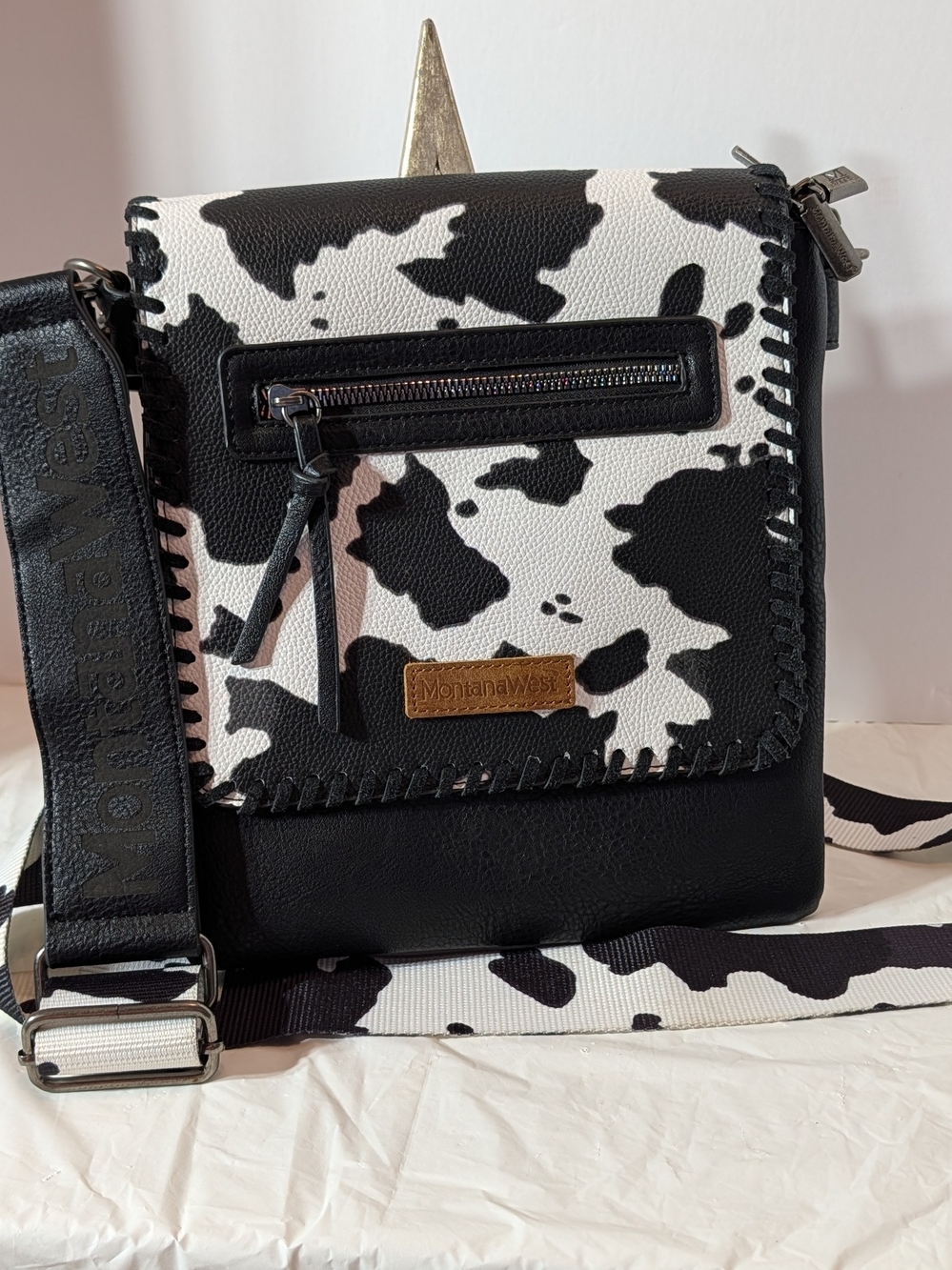 Montana West Black & White Faux Leather Cowhide Print Crossbody Bag w/Wide Strap